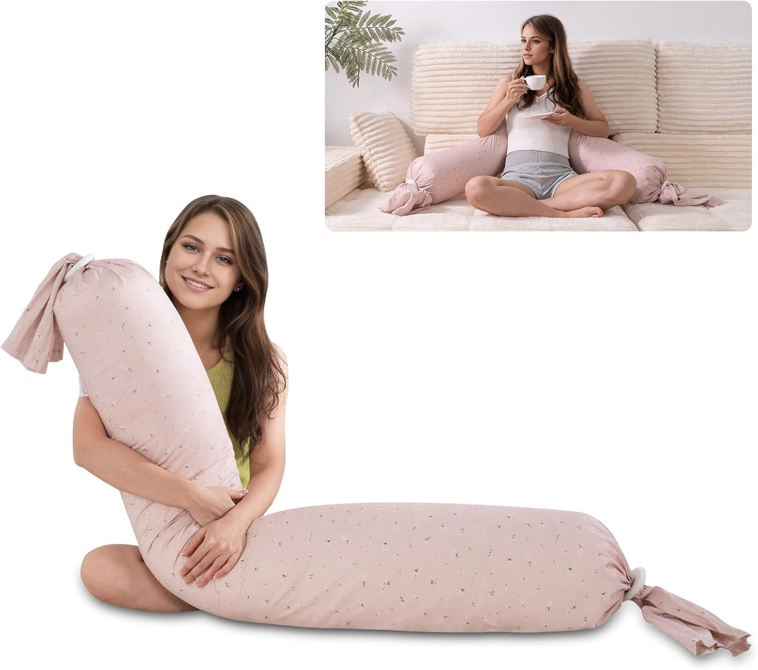 Full Body Pillow for Adults,55 Inch Long Bed Pillow, Candy Round Hugging Bolster, Firm Support for Side Sleepers, Adjustable Height with Washable Cotton Pillowcase, Pink