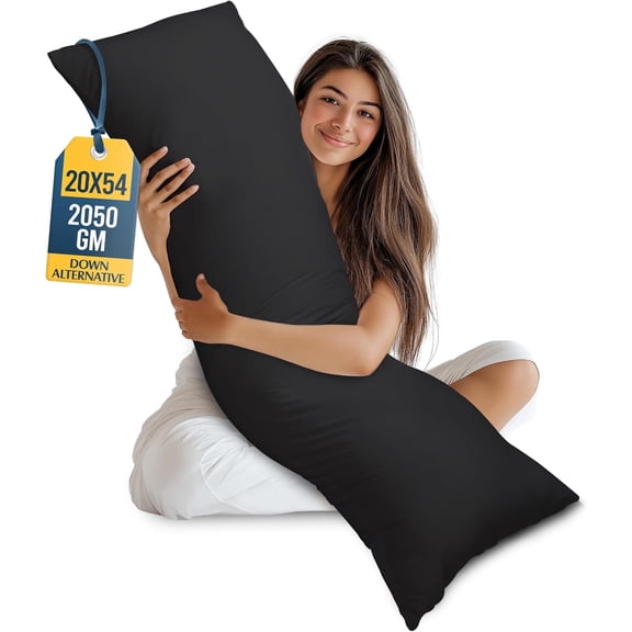 Full Body Pillow for Adults (Black, 20 x 54 Inch), Long Pillow Insert for Sleeping, Ideal for Side Sleepers