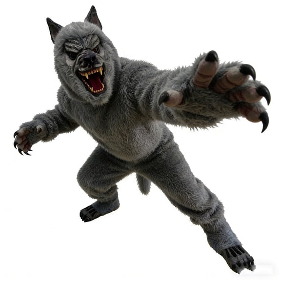 Full Body Plush Furry Big Bad Wolf Costume with Mask Feet Tail,Halloween Realistic Werewolf Jumpsuit Outift(5'4"-7'1")