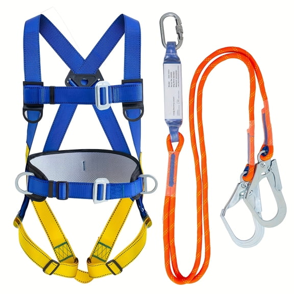 [Full Body Safety Harness] Full Body Safety Harness Fall Protection Kit | Roofing Harnesses with Shock Absorbing Lanyard | Updated Comfortable Waist Pad