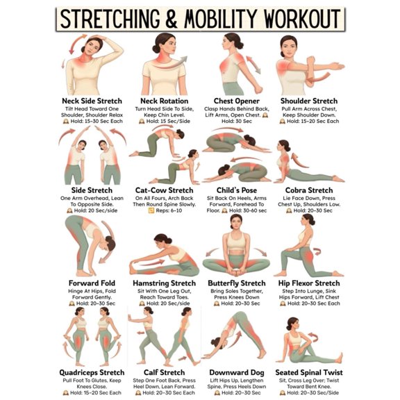 Full Body Stretching Exercises Poster Mobility Workout Guide Flexibility Routine Chart