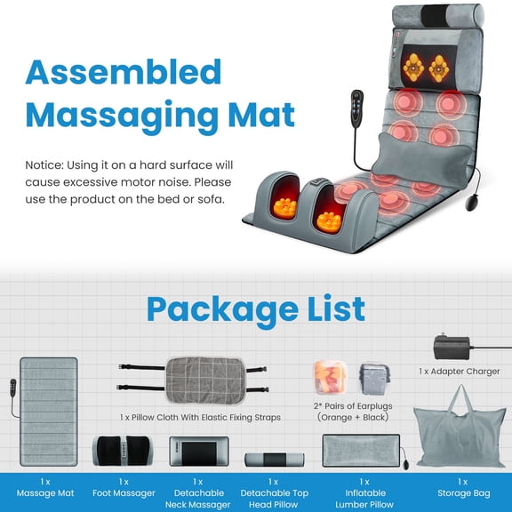 Full Body Vibration Massage Mat with Neck & Foot Massager - 10 Massage Zones + 3-Level Lumbar Heating, Detachable 20-Node Neck (Heating) & 32-Node Foot Kneading, Inflatable Lumbar Pillow Gray