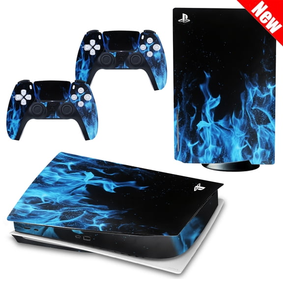 Full Body Vinyl Skin Stickers Compatible with PS5 Disk Edition Console and Controllers, Protective Decal Wrap - Blue Fire