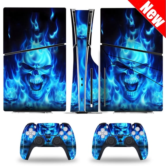 Full Body Vinyl Skin Stickers Compatible with PS5 Slim Disk Edition Console and Controllers - Blue Fire Skull