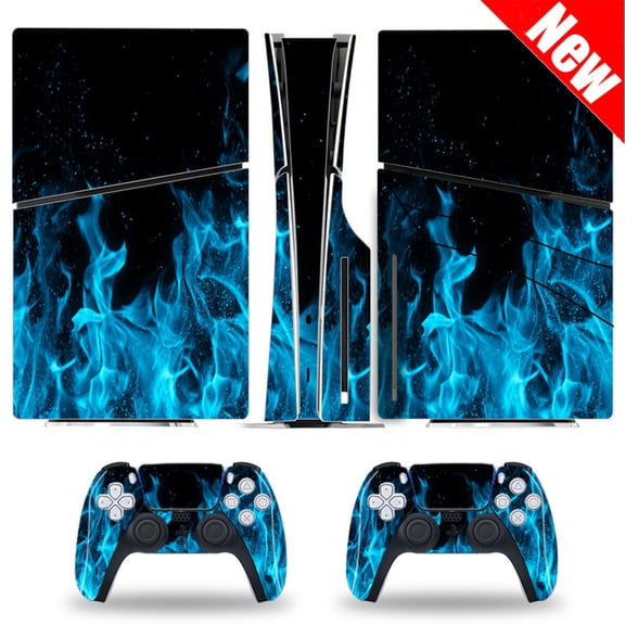 Full Body Vinyl Skin Stickers Compatible with PS5 Slim Disk Edition Console and Controllers - Blue Fire