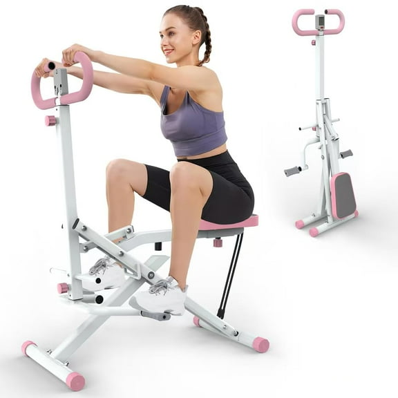 Full Body Workout Squat Machine, Row Ride Trainer with Resistance Bands for Glutes Legs Core Strength Training, Home Gym Equipment, Pink