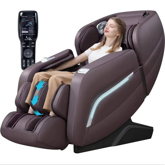 Full Body Zero Gravity Massage Chair with Yoga Stretching, Voice Control, SL Track, Foot Rollers, Airbags, Heating, and Bluetooth - Brown
