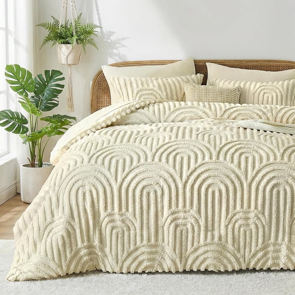 Full Boho Tufted Comforter Set, 7-Piece Beige Soft Cozy Chic Bed in a Bag, Arch Pattern
