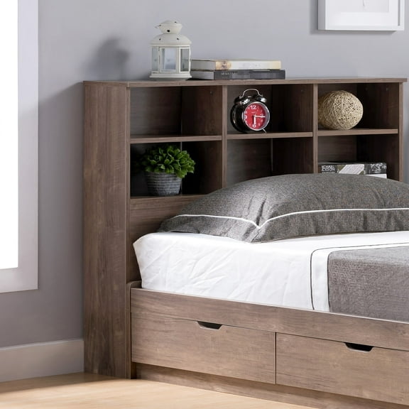 Full Bookcase Headboard, Hazelnut Color, Six Shelves With Three Adjustable & Rounded Corners Headboard