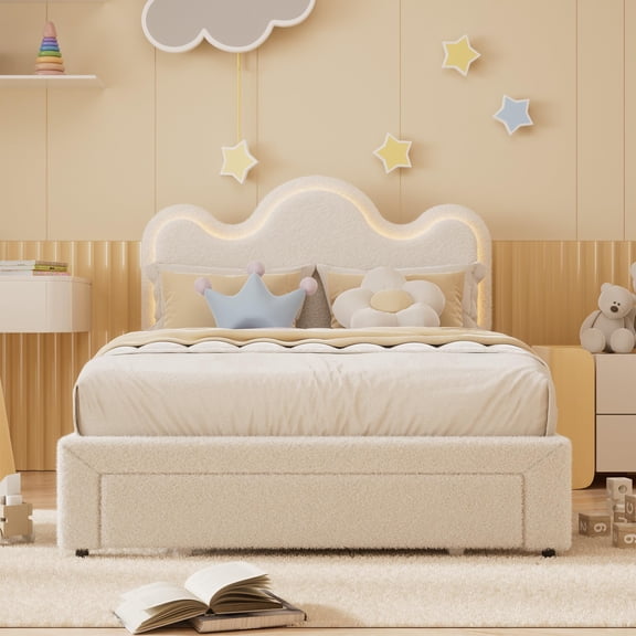 Full Boucle Upholstered Bed Frame with Storage Headboard, LED Lights, Storage Drawers, Wood Slat Support, No Box Spring Needed