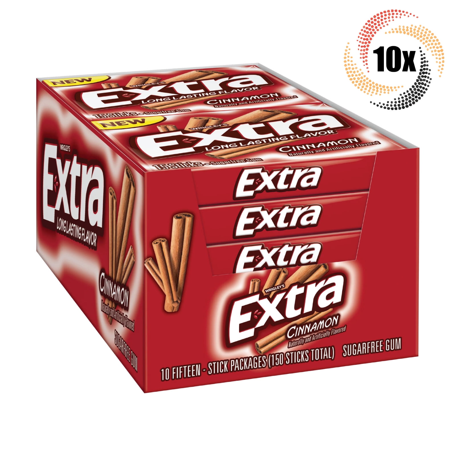 Full Box 10x Packs Wrigley's Extra Cinnamon Flavor Gum - 15 Sticks Per Pack