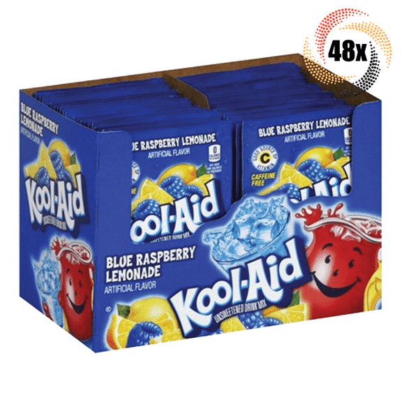 Full Box 48x Packets Kool-Aid Blue Raspberry Lemonade Caffeine Free Drink Mix