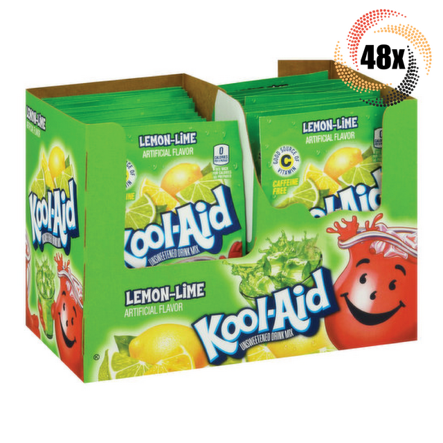 Full Box 48x Packets KoolAid Lemon Lime Soft Drink Mix Caffeine Free