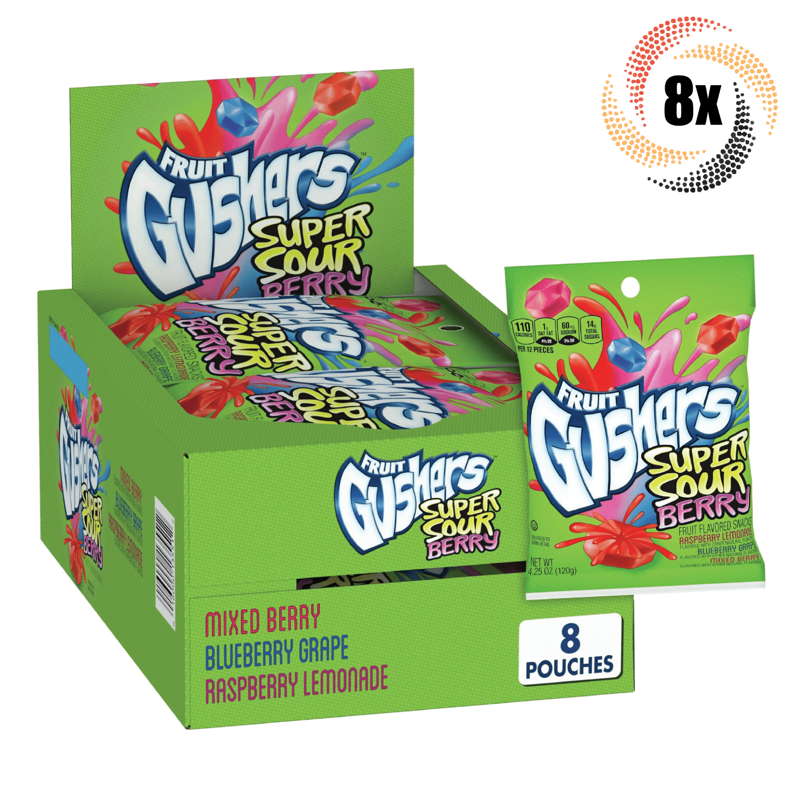Full Box 8x Bags Gushers Super Sour Berry Fruit Snacks 3 Flavors 4