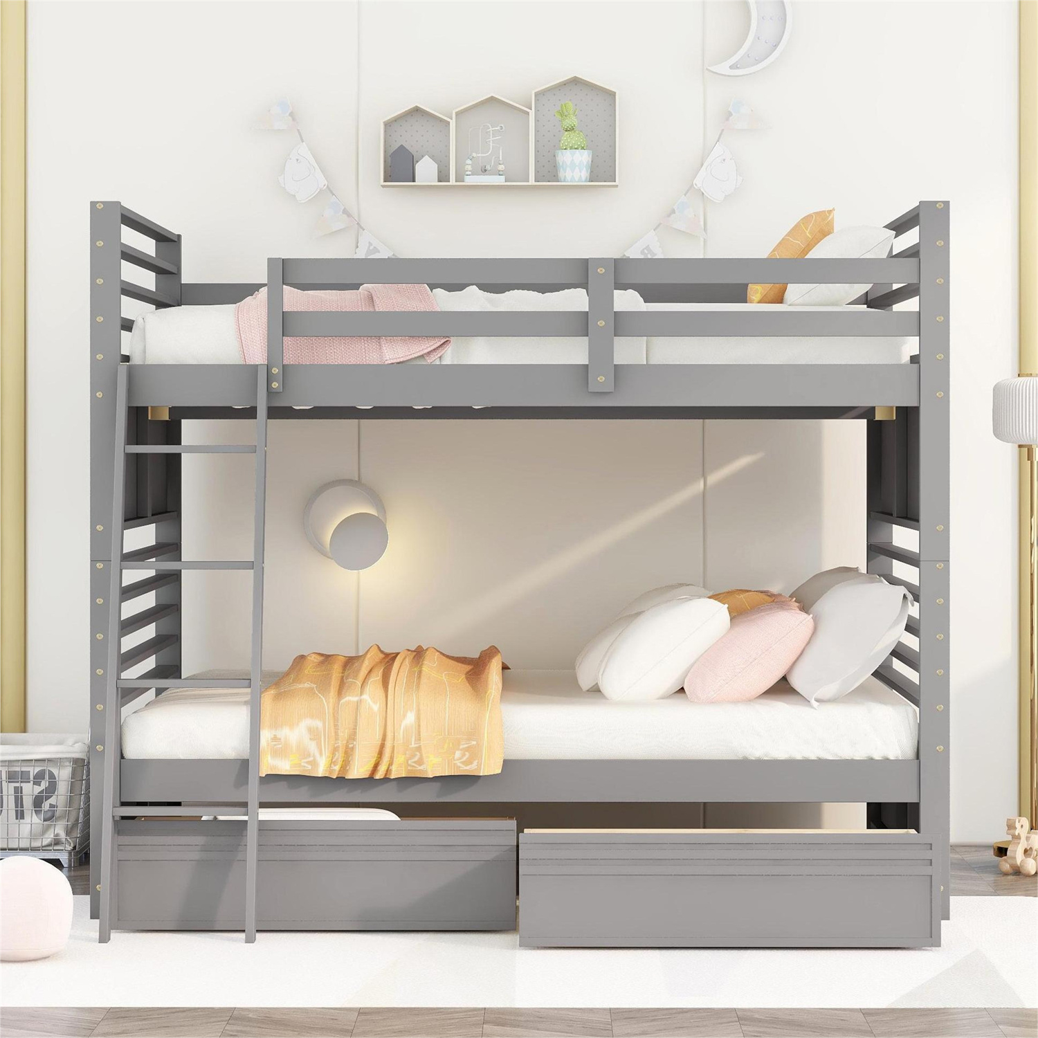 Full over Full Bunk Bed with 2 Drawers, Solid Wood Detachable Bunk Bed