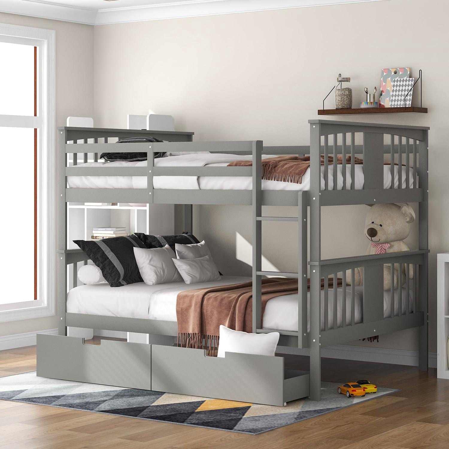 Full over Full Bunk Bed with 2 Storage Drawers and Ladder for Kids ...