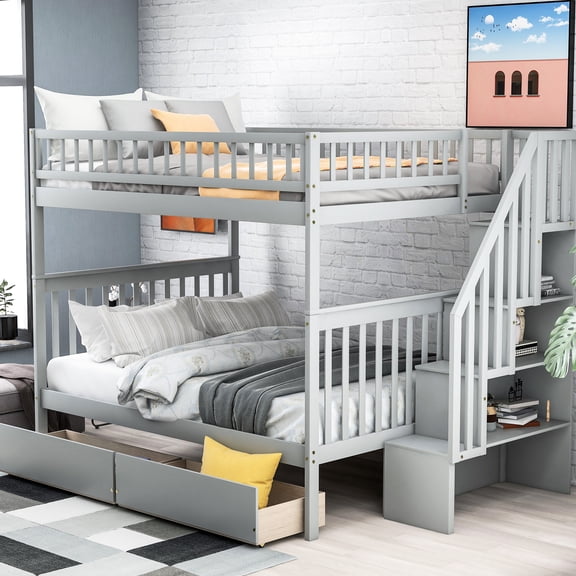 Full Over Bunk Bed, Gray With Two Drawers And Storage - Offer Safe Sleeping Arrangements For 4 High Guardrails Easy-reach Inclined Handrails Bed 4 Sound Rest Resilient Practical