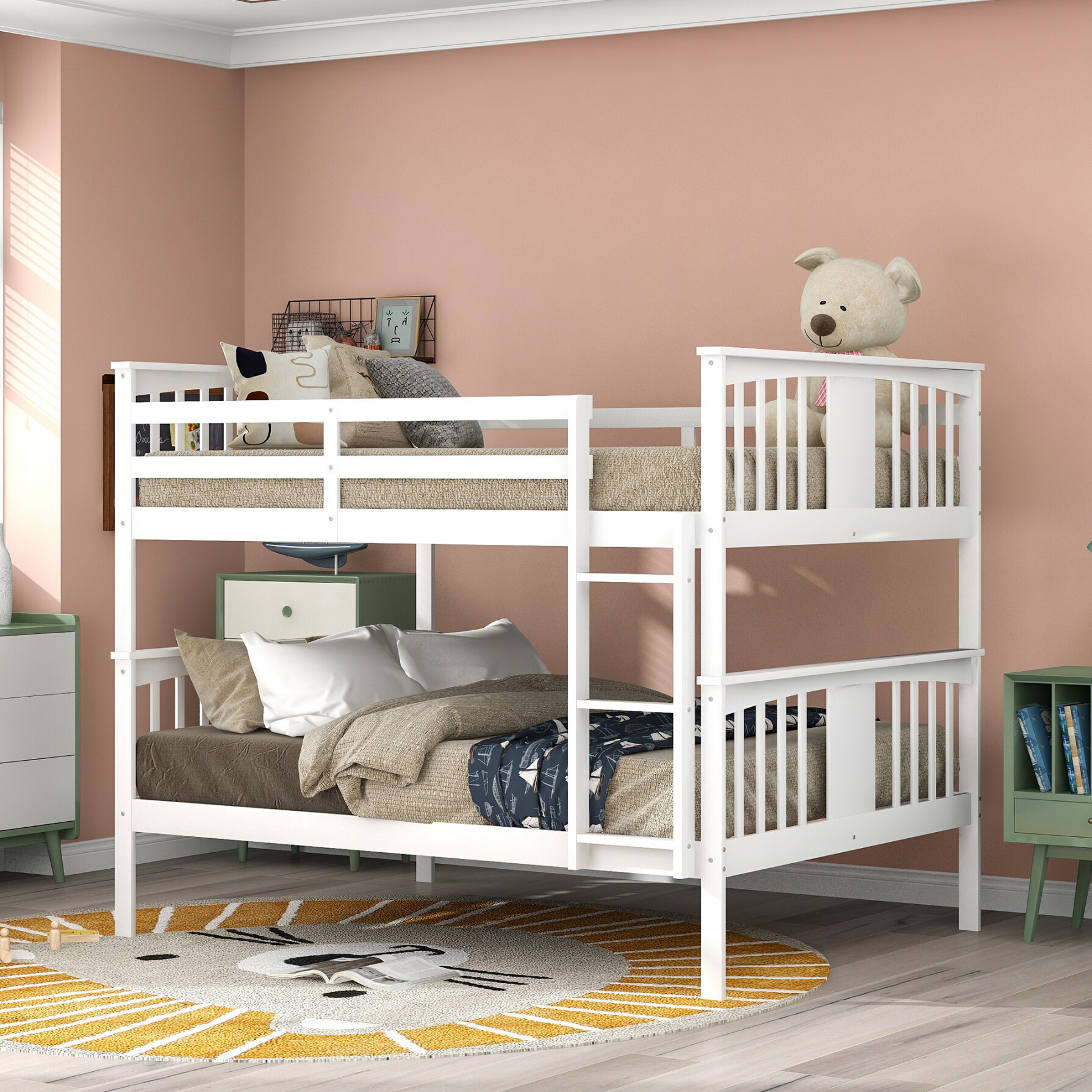 Full over Full Bunk Bed with Ladder & Safety Guardrails, Wooden Low