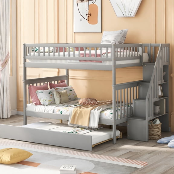 Full Over Bunk Bed With Trundle And Staircase, Gray - Solid Pine Wood Framework, 3 Beds Choice, Extra Storage Units, Protected Climbway, Quick Assembly Offered Full/full Staircase Robust Material,