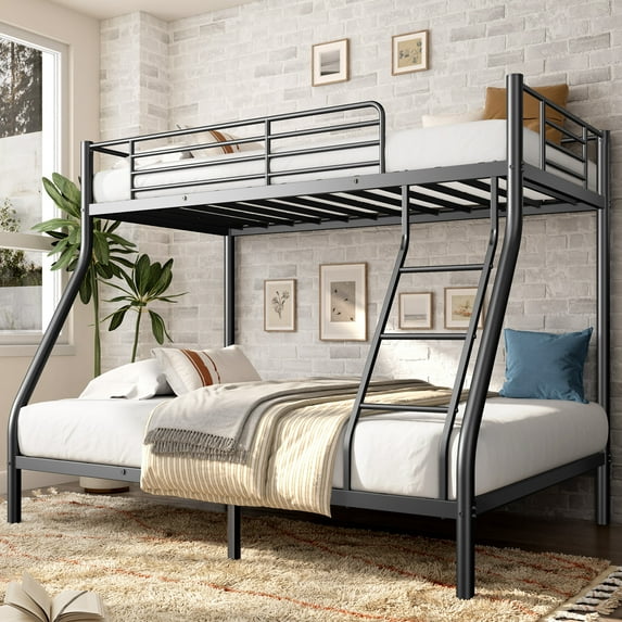 Full Bunk Bed, Twin Over Full Bunk Bed - Metal Bunk Bed Frame with Safety Guardrail for Adults and Teens, Sturdy Powder Coated Finish, No Box Spring Needed, Easy Assembly, Black