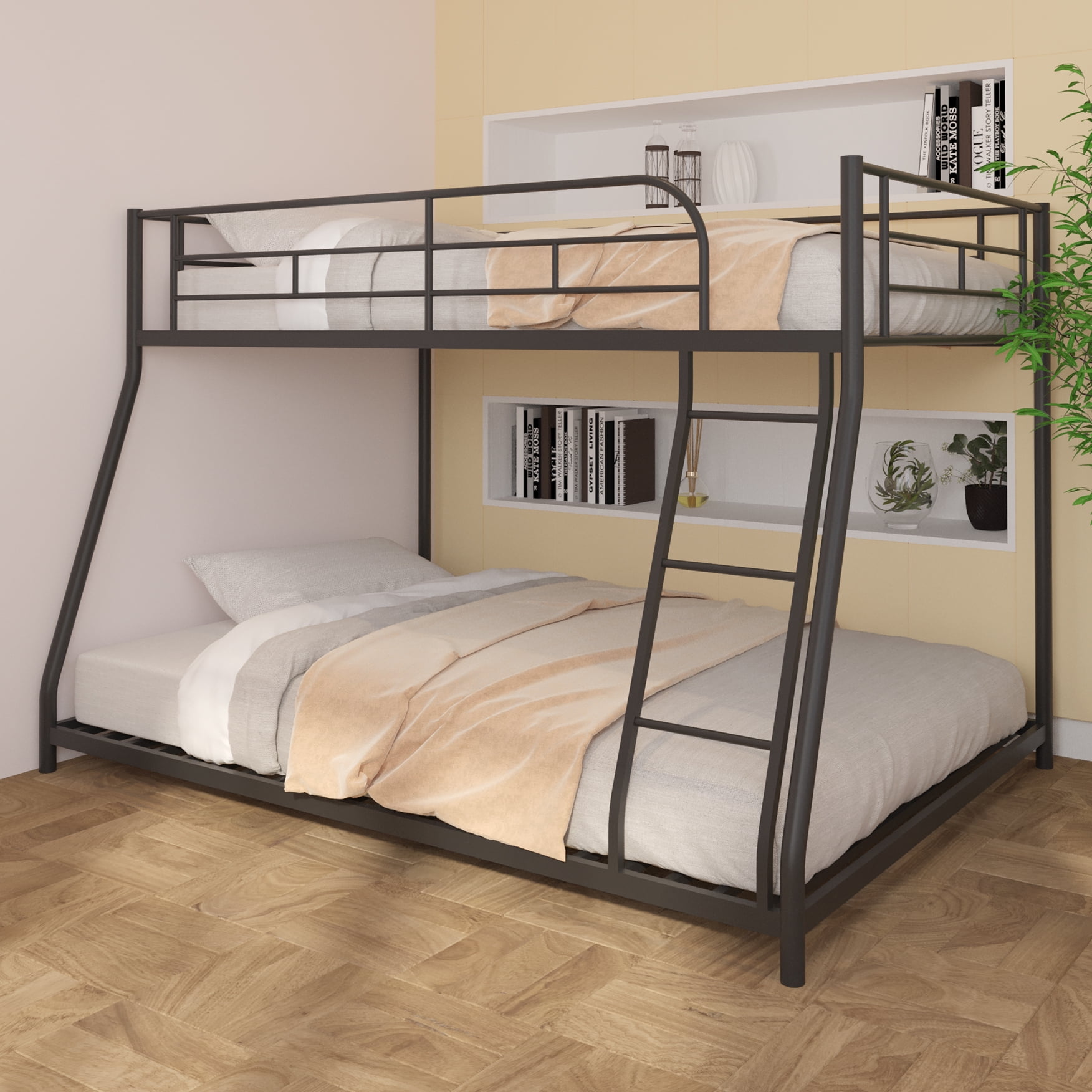 Full Bunk Bed, Twin Over Full Bunk Bed - Metal Frame with Noise Free Wood Slats and Center Support, Full-Length Safety Guardrail, Low Profile Design for Stability, Easy Assembly, Black