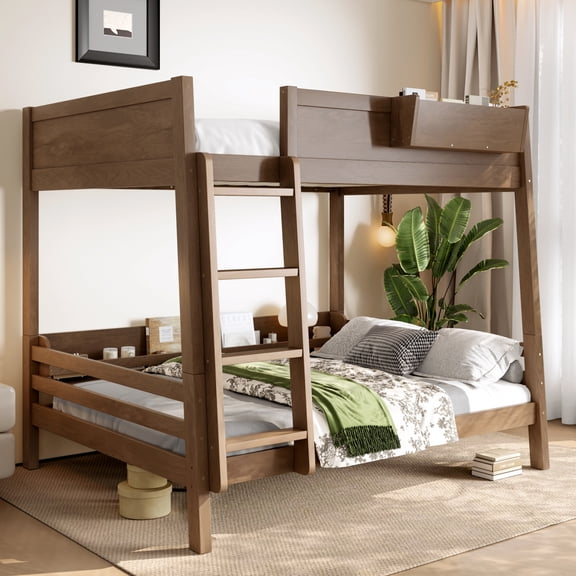Full Bunk Bed With Storage Shelf and Bookshelf,Wood Bunk Bed with Ladder and Guardrails,Detachable Design,Vintage Wood