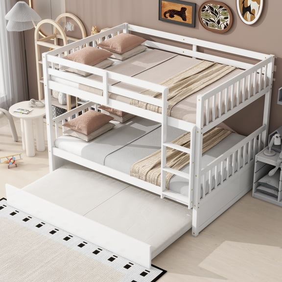 Full Bunk Bed with Pull-Out Trundle, Convertible Bunk Bed to 2 Single Beds, Solid Wood Bed Frame with Ladder & Guardrail, White