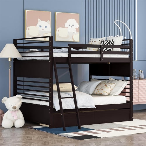 Full over Full Bunk Beds with 2 Storage Drawers, Solid Wood Convertible Bunk Beds , Kids Twin Bunk Beds with Ladder, Safety Rail for Girls Boys Teens Adults ,Espresso