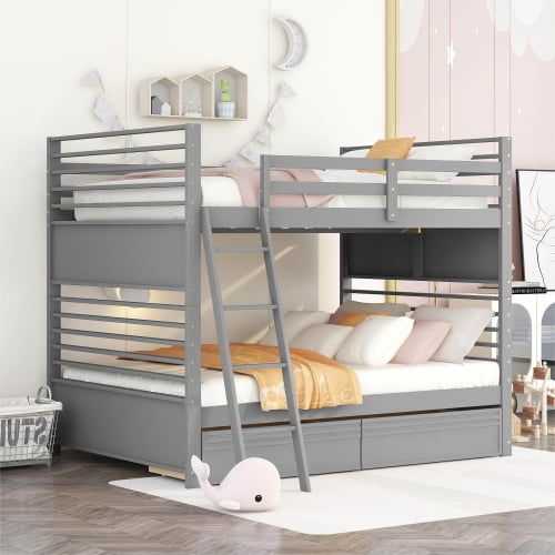 Full over Full Bunk Beds with 2 Storage Drawers, Solid Wood Convertible Bunk Beds , Kids Twin Bunk Beds with Ladder, Safety Rail for Girls Boys Teens Adults ,Gray