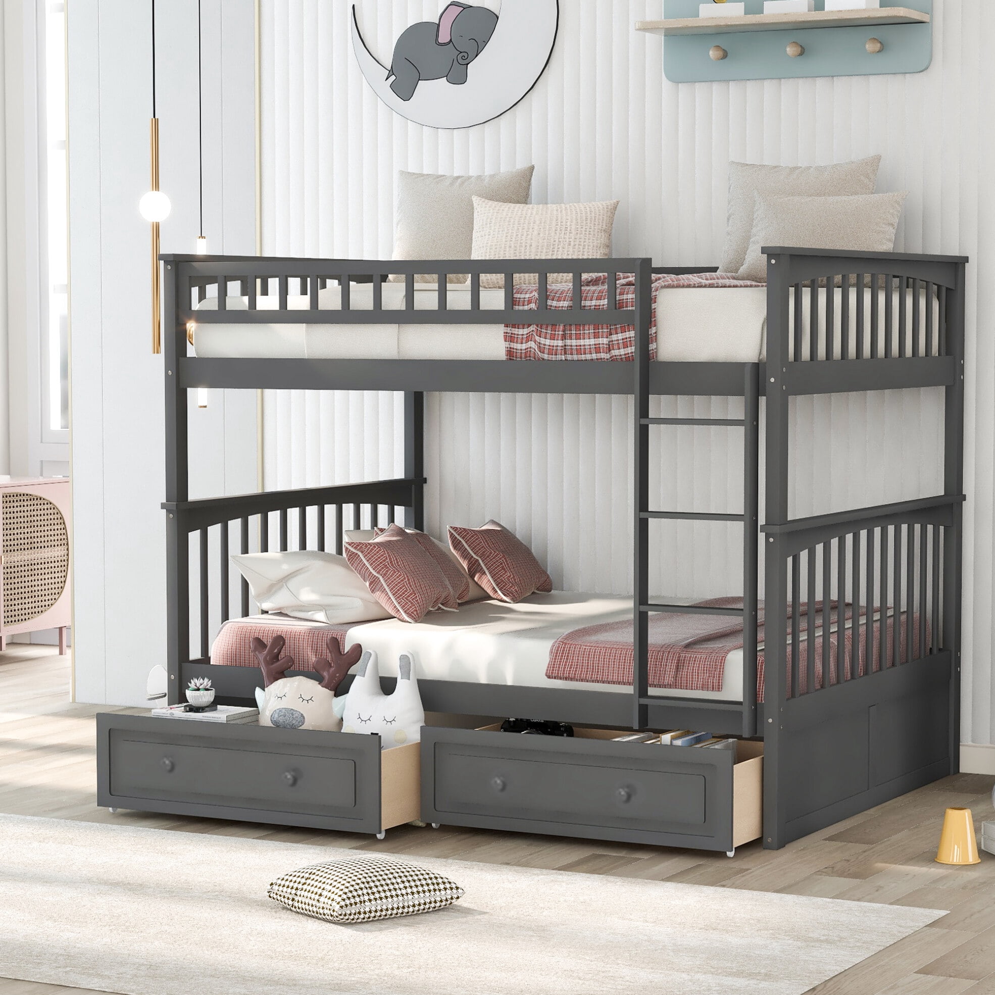 Full over Full Bunk Beds with Drawers, Solid Wood Bunk Bed Frame — free download