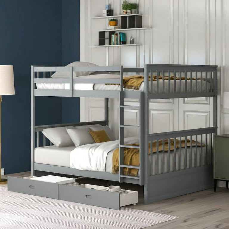 Full Bunk Beds with Storage Drawers Detachable Solid Wood Full Over Full Bunk Bed Frame with Ladders and Safety Rail for Kids Teens Adults Gray
