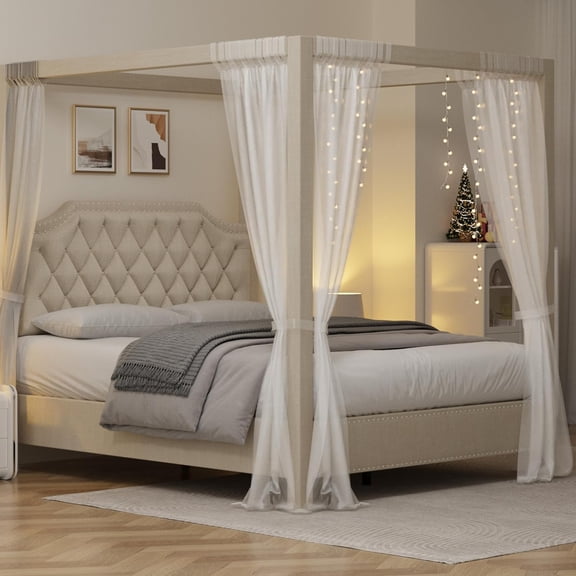 Full Canopy Bed Frame with Headboard Wingback, Soft Fabric, Retro Simple Style Platform Bed No Box Spring Needed, Easy Assembly Wooden Slatted Structure