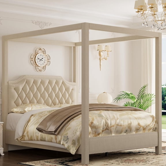 Full Canopy Bed Frame with Upholstered Headboard, Four Poster Design, Button Tufted, and Slide Rail, No Box Spring Required, Wooden Slatted Structure, Beige