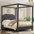 thumbnail image 1 of Full Canopy Bed Frame with Upholstered Headboard, Four Poster Design, Button Tufted, and Slide Rail, No Box Spring Required, Wooden Slatted Structure, Gray, 1 of 7
