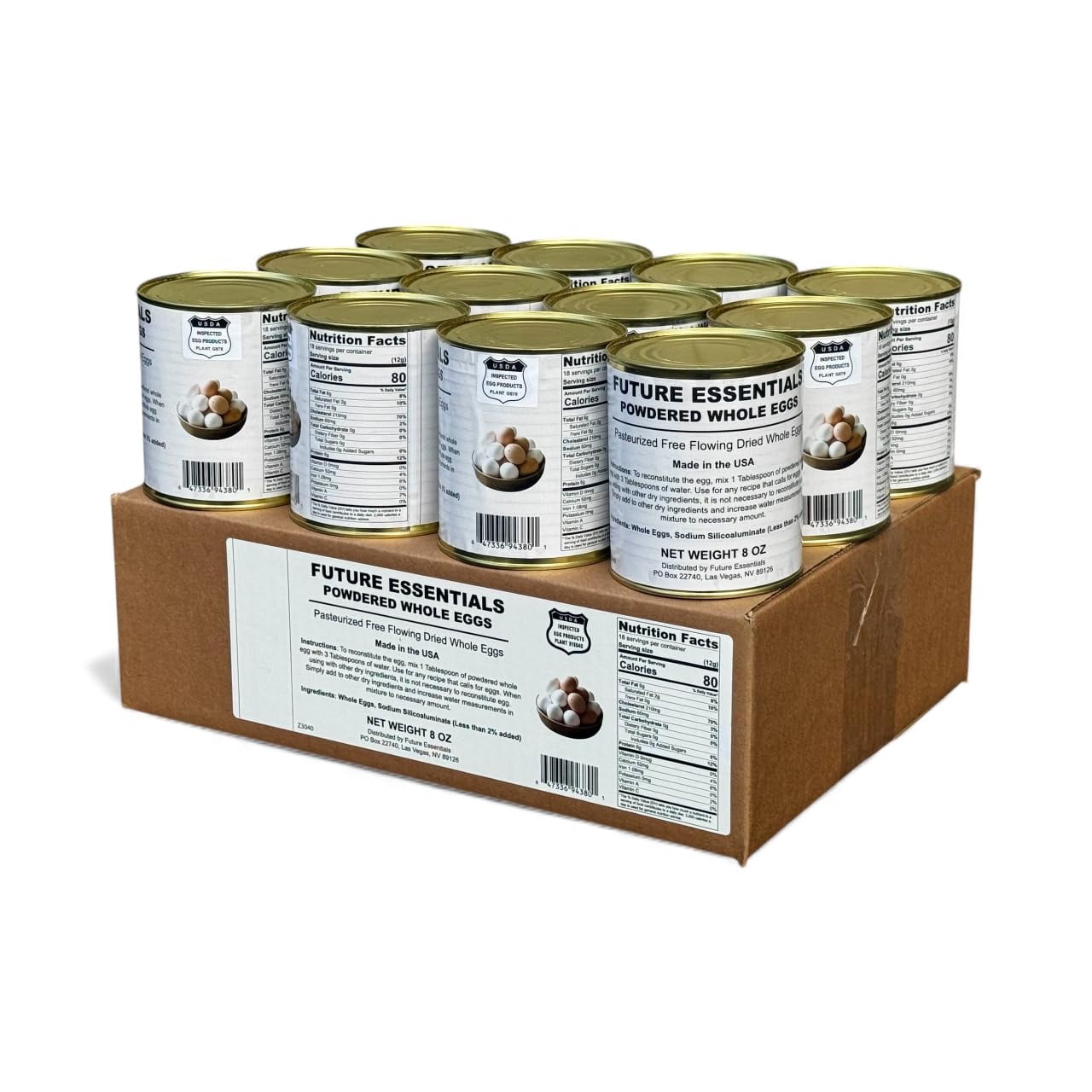 Full Case Future Essentials Powdered Whole Eggs, 8 oz #2.5 Can (12-Pack) – 100% Real Eggs, 10-Year Shelf Life, Emergency Food Storage, No Refrigeration, Made in USA