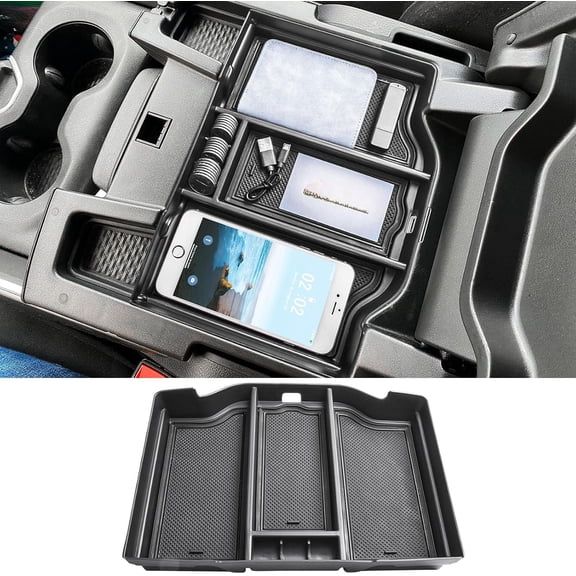Full Center Console Organizer Compatible with 2019-2023 2024 2025 2026 RAM 1500 2500 3500 Accessories ABS Plastic Material Insert Tray Secondary Storage Armrest Box, Black