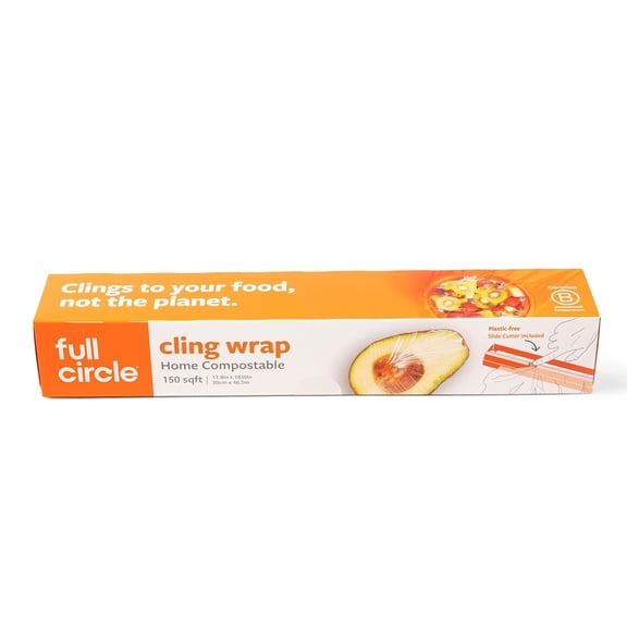 Full Circle Compostable Cling Wrap 150Sq Ft Roll Seals and Saves Food Plant-Based & Plastic-Free, No Microplastics Dispenser with Slide Cutter