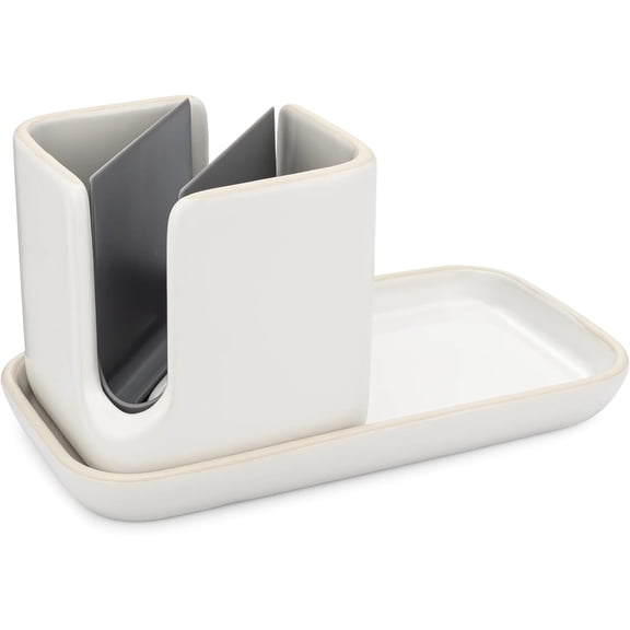 Full Circle Stash, Ceramic Kitchen Sink Caddy, Stylish Sponge Holder & Dish Brush Organizer, Easy to Clean, Dishwasher Safe, Rustproof, White and Gray, 11"