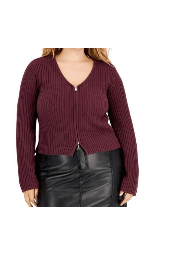 Trendy Plus Size V-Neck Zip-Up Sweater, Wine, 2X