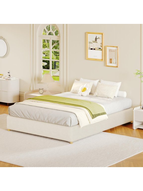 Full Cloud Platform Bed Frame, Boucle Fabric, Solids Wood Legs, No Box Spring Needed, Cream
