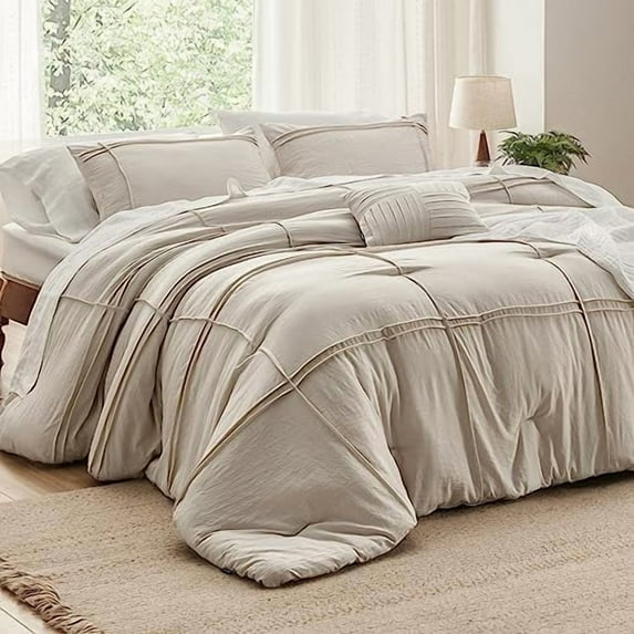 Full Comforter Set - 4 Pieces Grid Pleat Bed Set, Beige Boho Bedding for All Season, 1 Soft Comforter, 2 Pillowcases, 1 Decorative Pillow