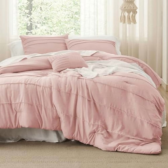 Full Comforter Set - 4 Pieces Pinch Pleat Bed Set, Light Pink Boho Bedding for All Season, 1 Soft Comforter, 2 Pillowcases, 1 Decorative Pillow