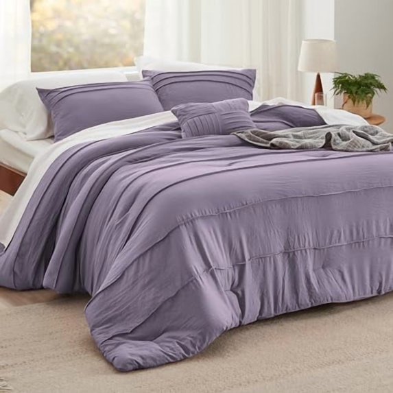 Full Comforter Set - 4 Pieces Pinch Pleat Bed Set, Purple Boho Bedding for All Season, 1 Soft Comforter, 2 Pillowcases, 1 Decorative Pillow