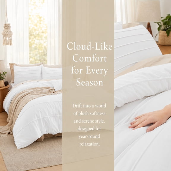 Full Comforter Set 4 Pieces, White Boho Pinch Pleat Bedding Set, Soft All Season Comforter with 2 Pillowcases & 1 Decorative Pillow