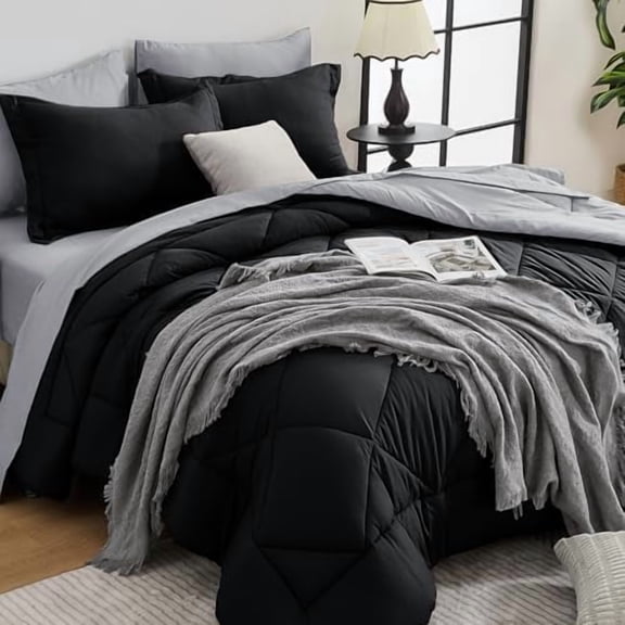 Full Comforter Set - 7-Piece All Season Bed in a Bag Full, Ultra Soft Bedding Set with Comforter, Flat Sheet, Fitted Sheet, Pillowcases, Pillow Shams, Black & Light Grey