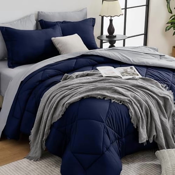 Full Comforter Set - 7-Piece All Season Bed in a Bag Full, Ultra Soft Bedding Set with Comforter, Flat Sheet, Fitted Sheet, Pillowcases, Pillow Shams, Navy Blue & Light Grey