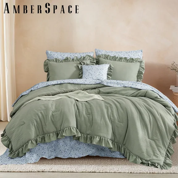 Amberspace Ruffle Design 7-piece Bed in a Bag Comforter Set with Sheets,Sage Green,Full