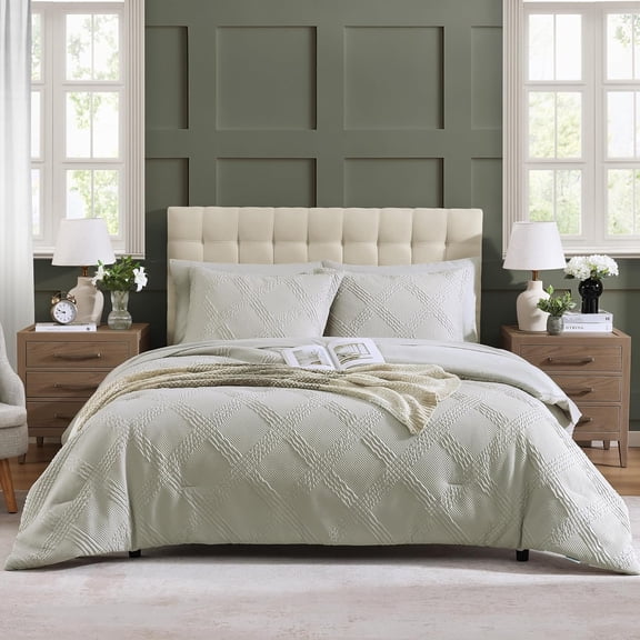Full Comforter Set, Bed in A Bag 7-Pieces, Beige Textured All Season Comfortable Bedding Sets with Comforter, Sheets, Pillowcases & Shams (Beige, 80"x90")