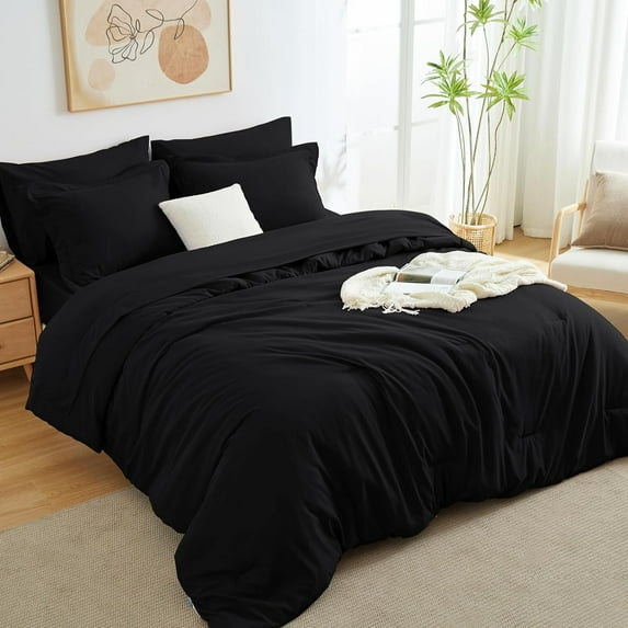 Full Comforter Set Black, 7 Pieces Bed in a Bag Soft Bedding Comforter Set with Sheets, All Season Boho 7PC Bed Sets with Comforter, Fitted Sheets, Flat Sheets, Pillow Shams and Pillowcases