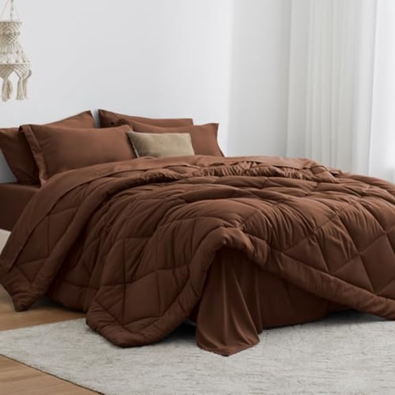 Full Comforter Set Brown 7 Pieces Full Bed in a Bag All Season Bedding Sets with 1 Comforter 1 Flat Sheet 1 Fitted Sheet 2 Pillowcase and 2 Pillow Sham